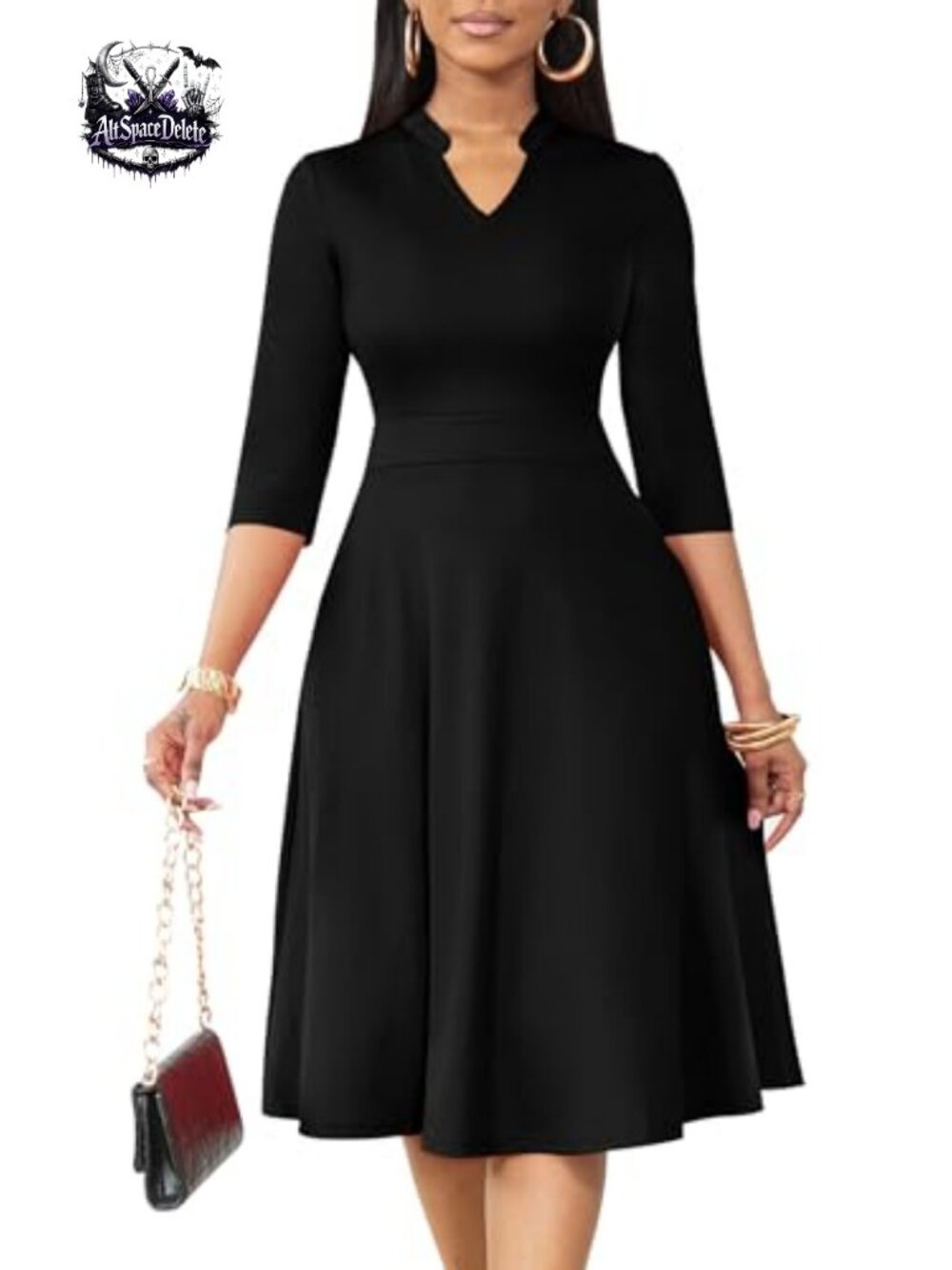Women's Midi Fit and Flare Dress with Pockets V-Neck 3/4 Sleeve A-Line